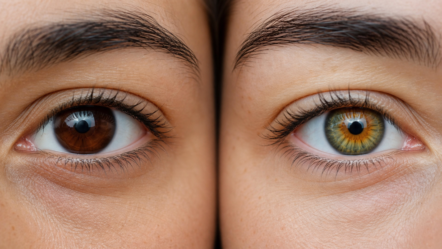 A close-up comparison of a solid brown eye and a multicolored hazel eye showing distinct green and gold patterns.