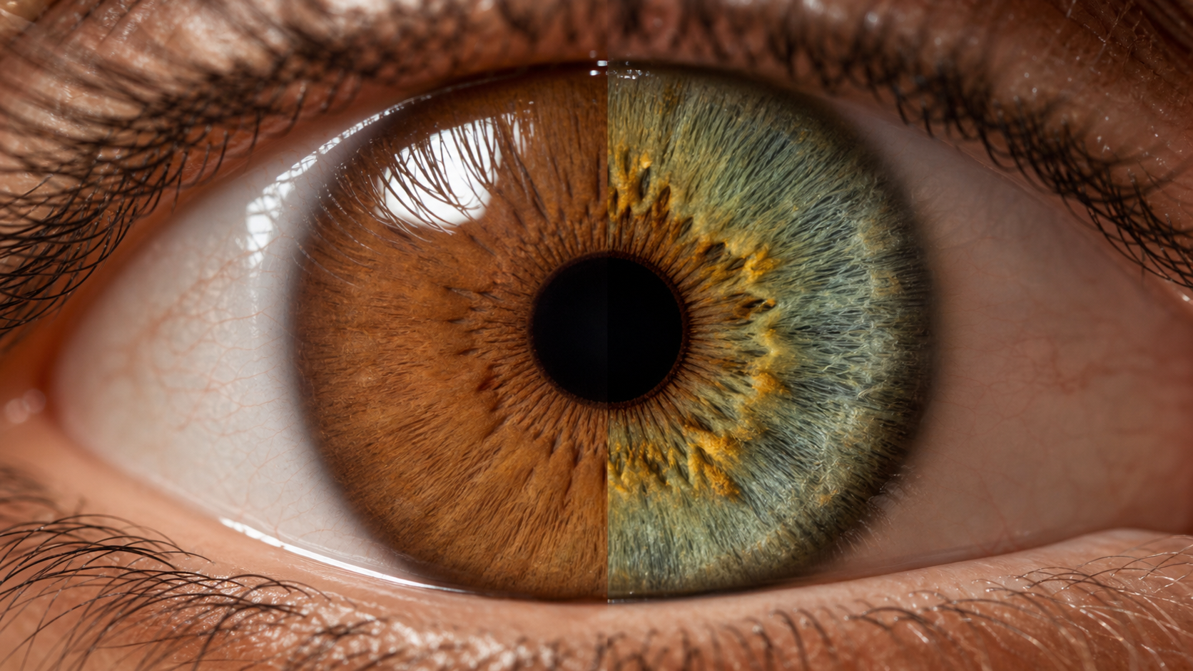 Close-up comparison of a solid light brown eye and a multi-toned hazel eye with distinct green and gold zones.