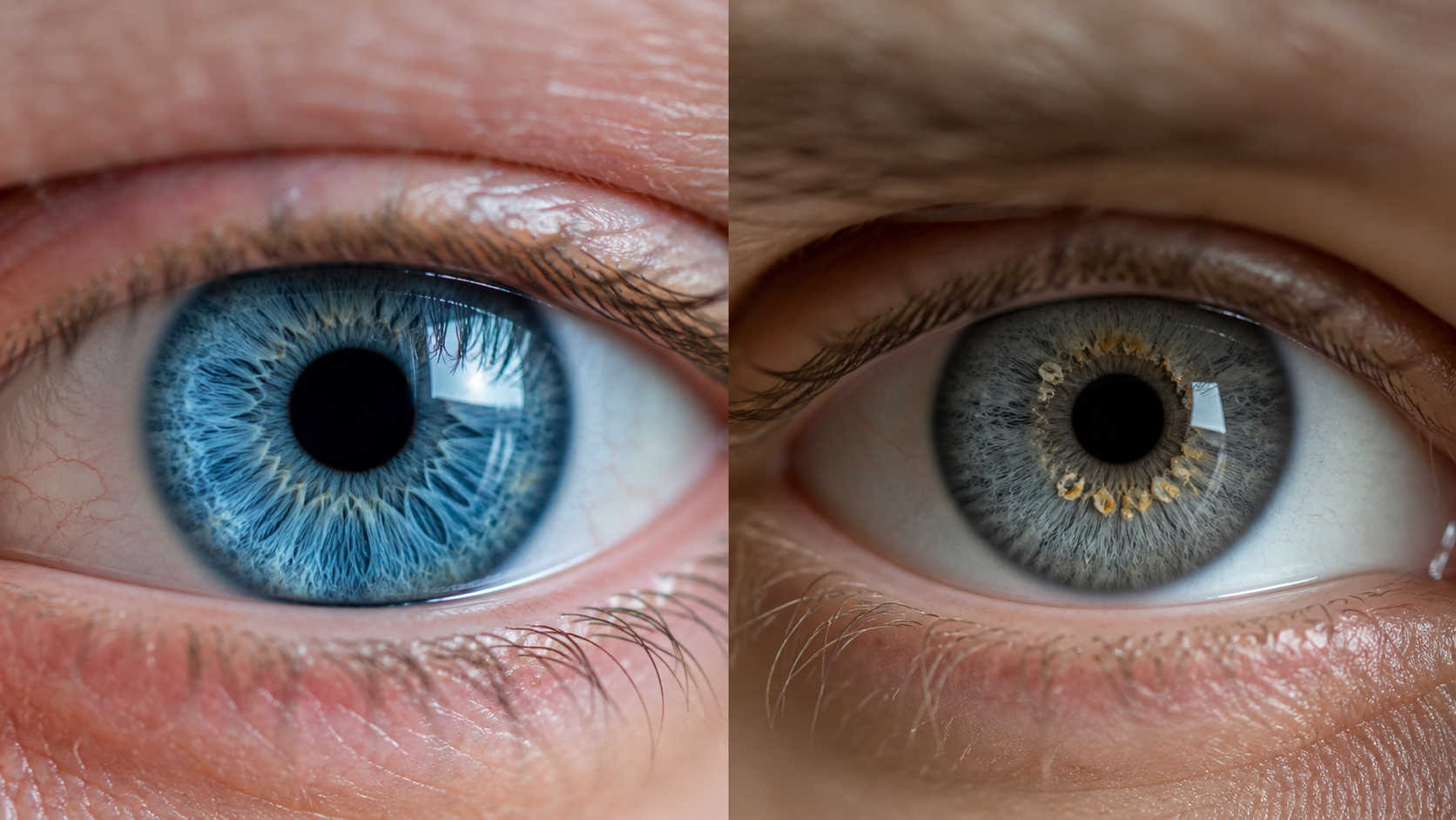 Macro photograph comparing a clear blue human eye with a densely structured metallic gray human eye.