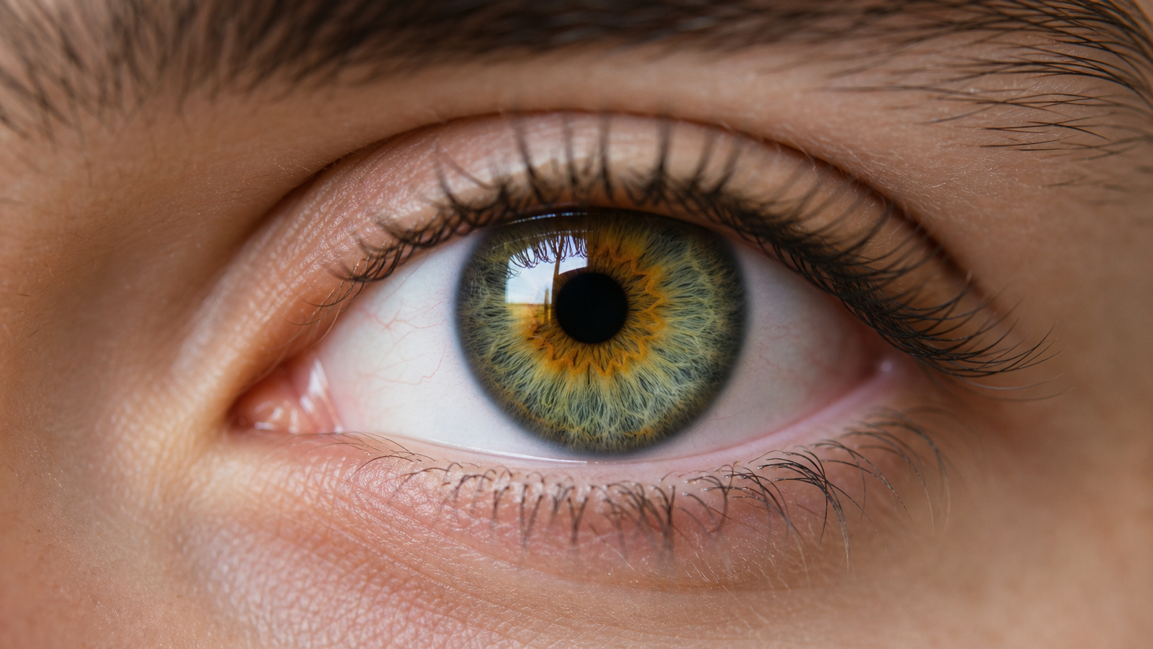 Close-up of a human eye showing green and hazel iris tones for a green vs hazel eyes comparison