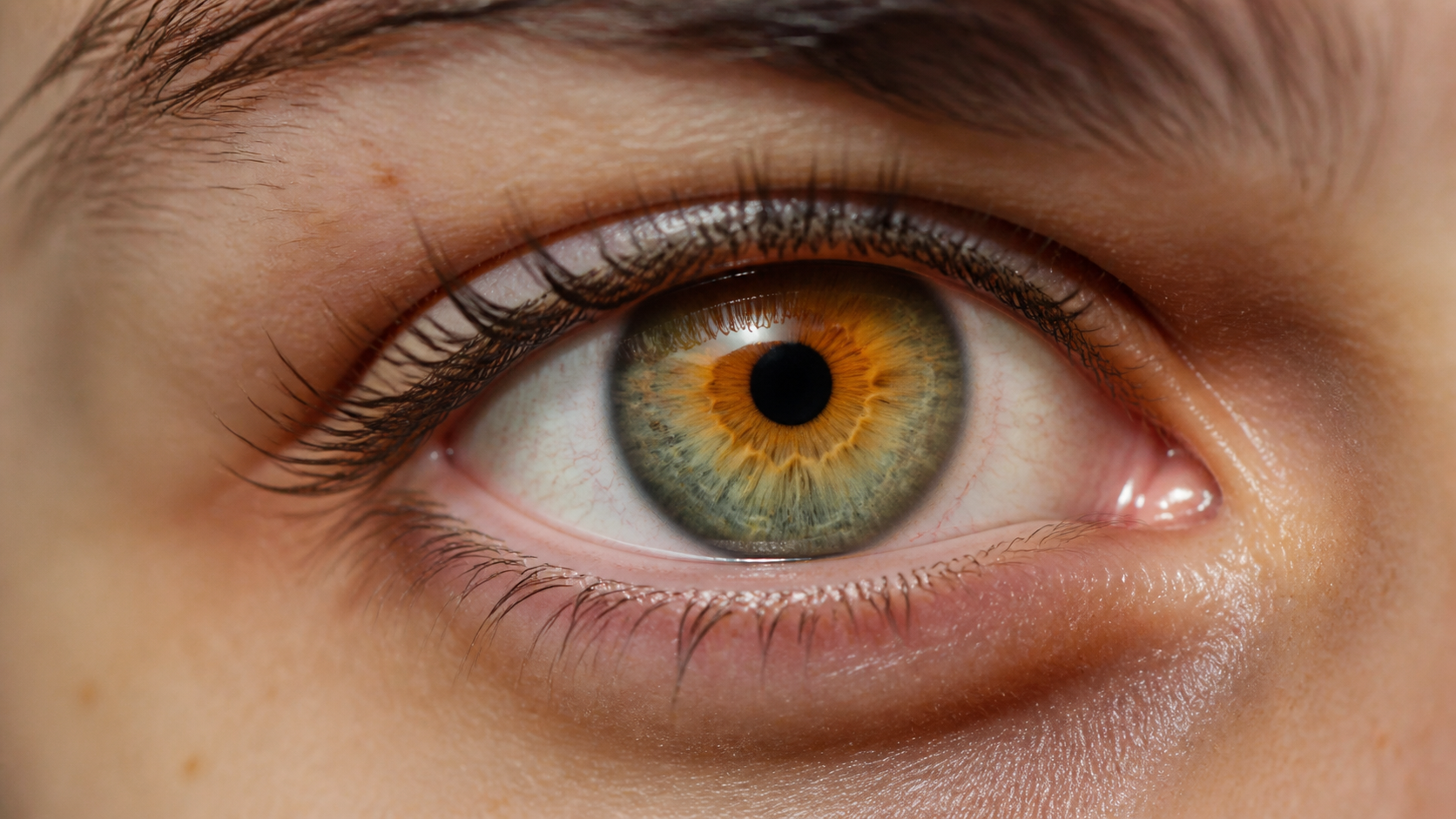 Close-up of a human eye showing a rare eye color combination with central heterochromia and mixed green amber tones