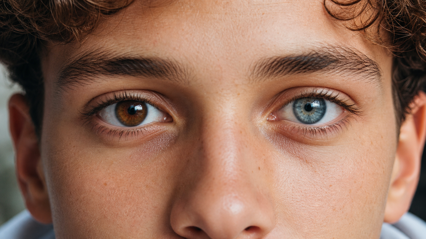 Close-up of two different colored eyes showing heterochromia, one iris brown and the other blue